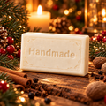 Holiday Cheer 4 oz handmade shea butter soap with fragrance-inspired background