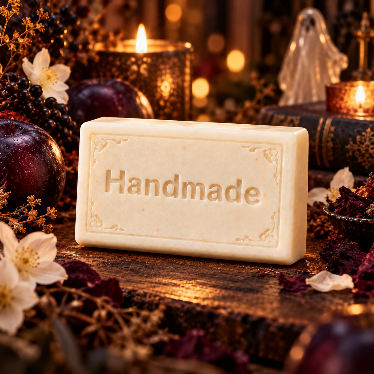 Howl + Ember Holographic Stardust 4 oz shea butter soap bar embossed Handmade, styled with a fragrance-inspired backdrop