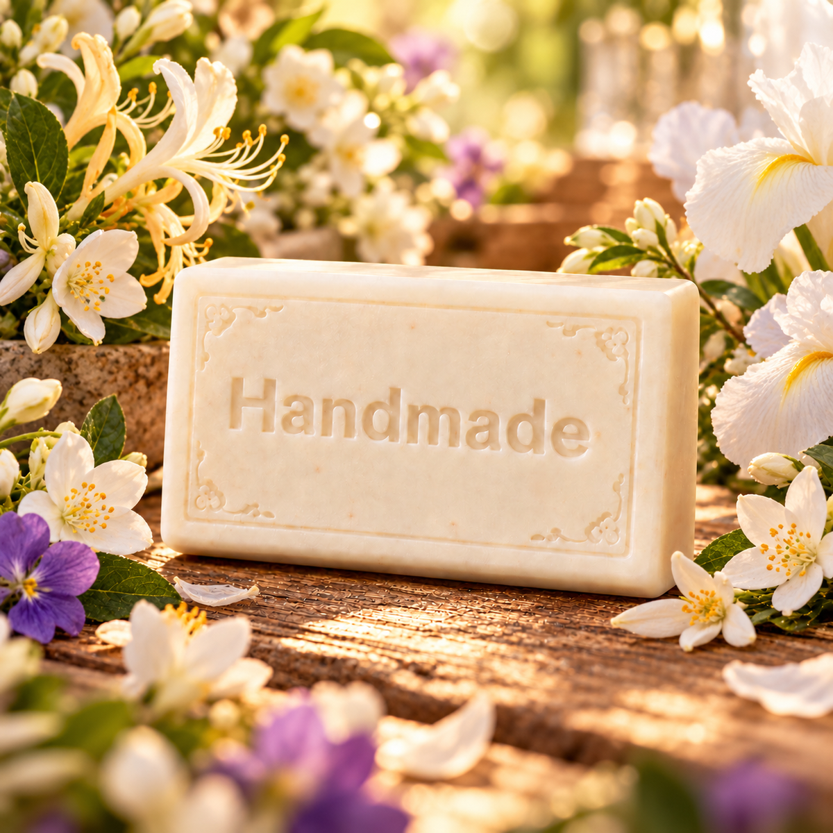 Honeysuckle Jasmine Howl + Ember shea butter soap with engraved Handmade lettering and a scent-inspired background