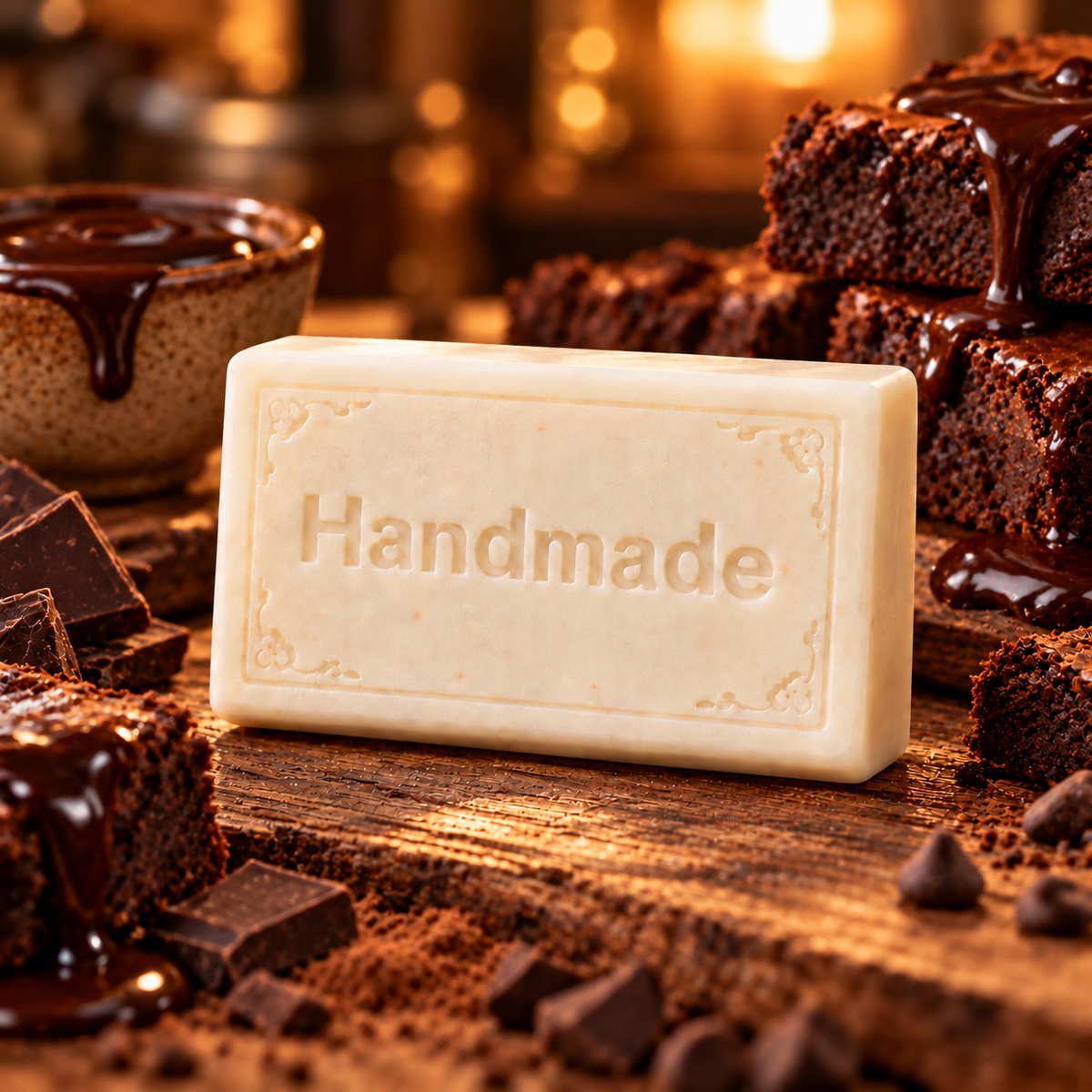 Hot Fudge Brownies Howl + Ember shea butter soap with engraved Handmade lettering and a scent-inspired background
