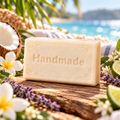 Island Fresh Howl + Ember shea butter soap with engraved Handmade lettering and a scent-inspired background