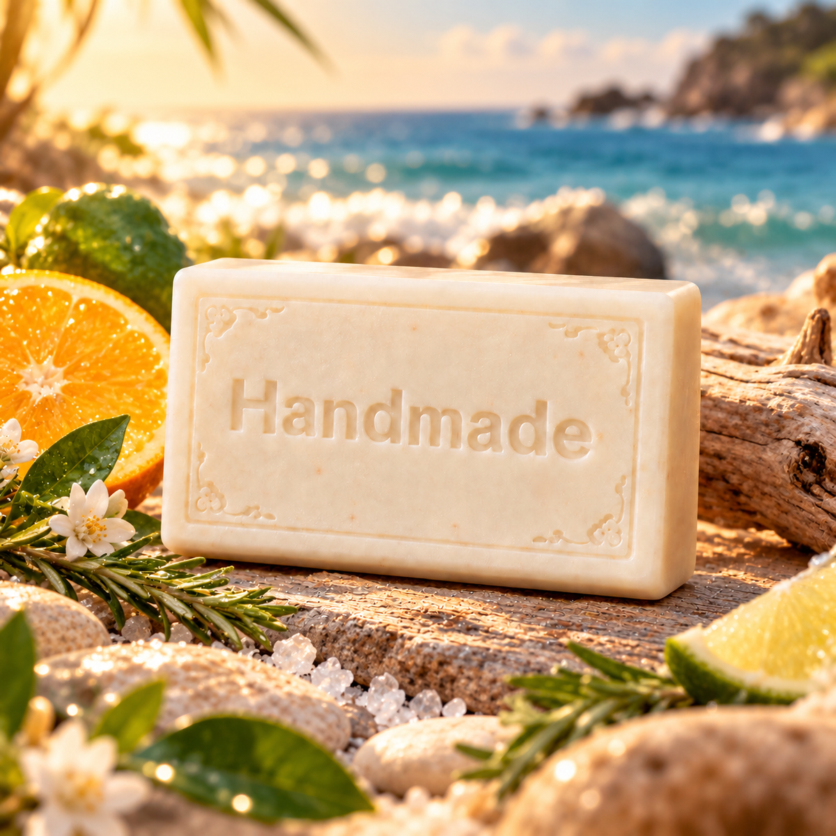 Howl + Ember Kraken 4 oz shea butter soap bar embossed Handmade, styled with a fragrance-inspired backdrop