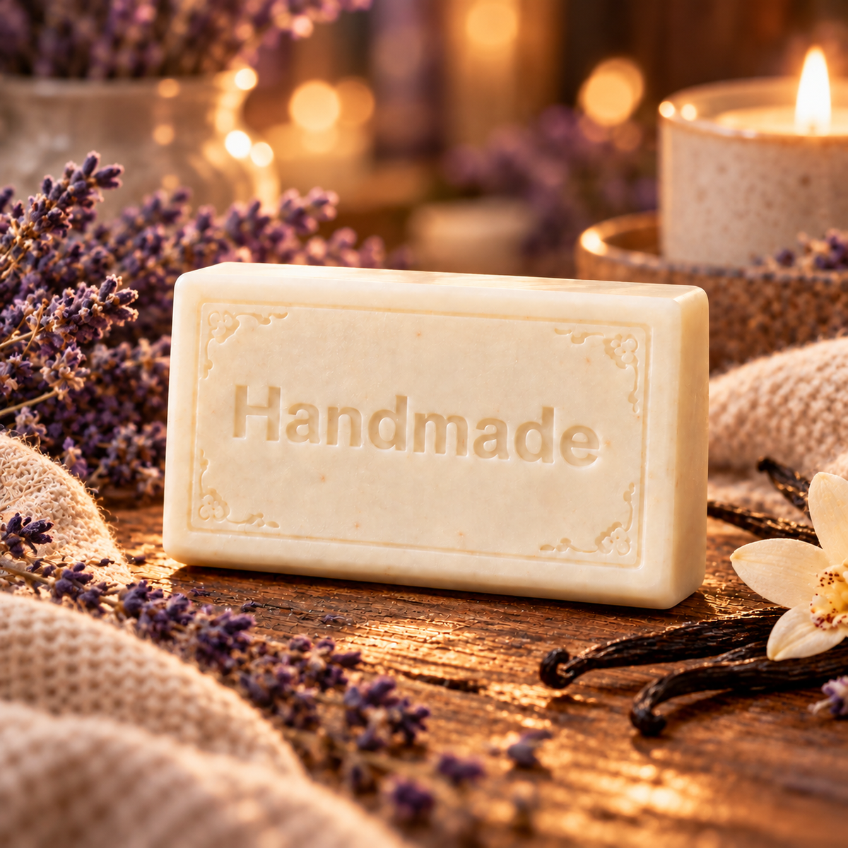 Lavender Vanilla 4 oz handmade shea butter soap with scent-inspired background