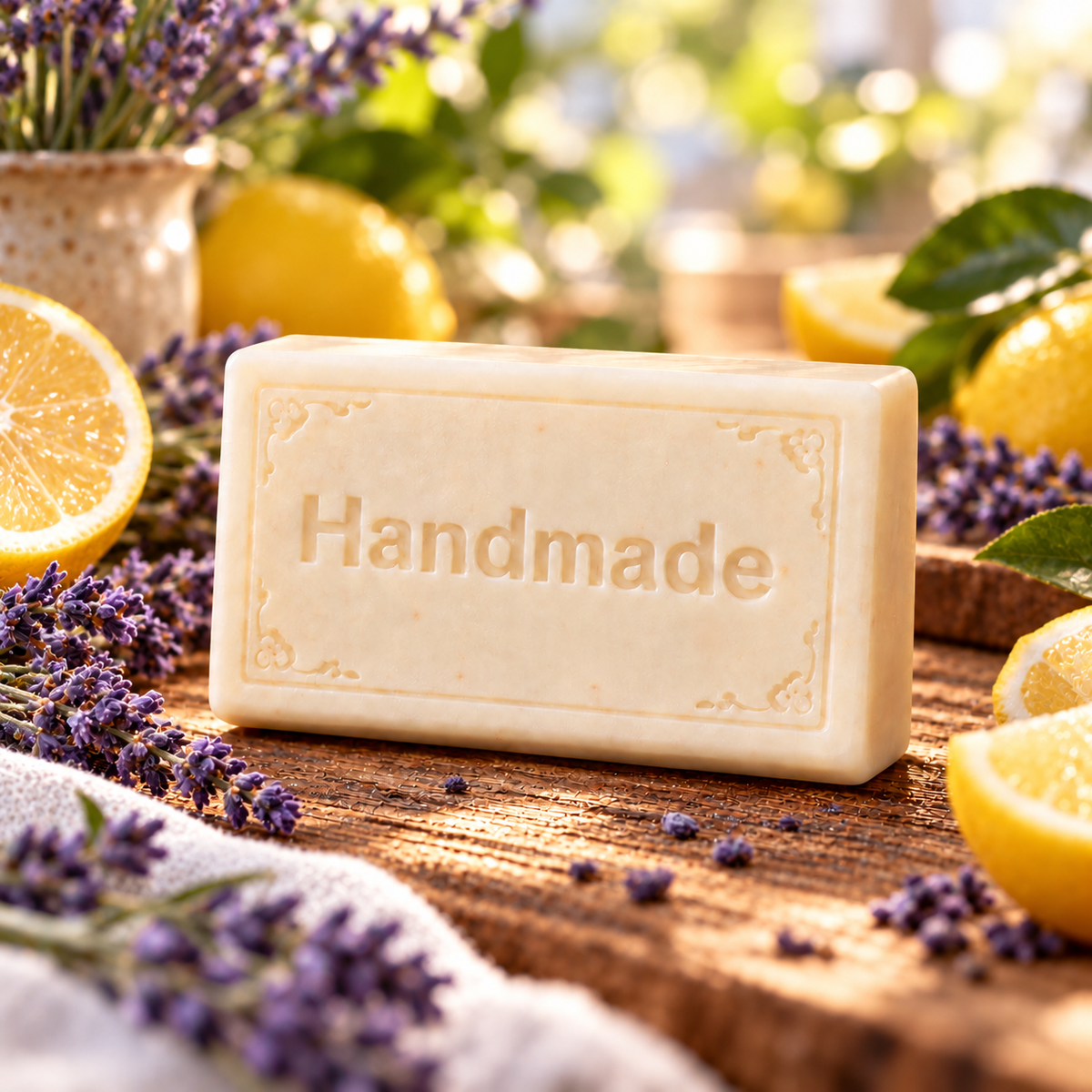 Lemon + Lavender Howl + Ember shea butter soap with engraved Handmade lettering and a scent-inspired background