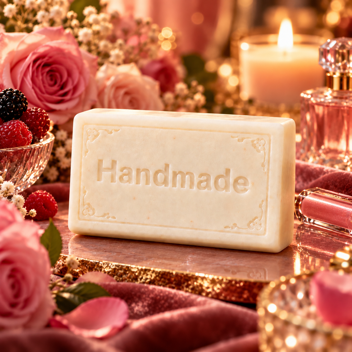 Howl + Ember Lip Gloss + Lies 4 oz shea butter soap bar embossed Handmade, styled with a fragrance-inspired backdrop