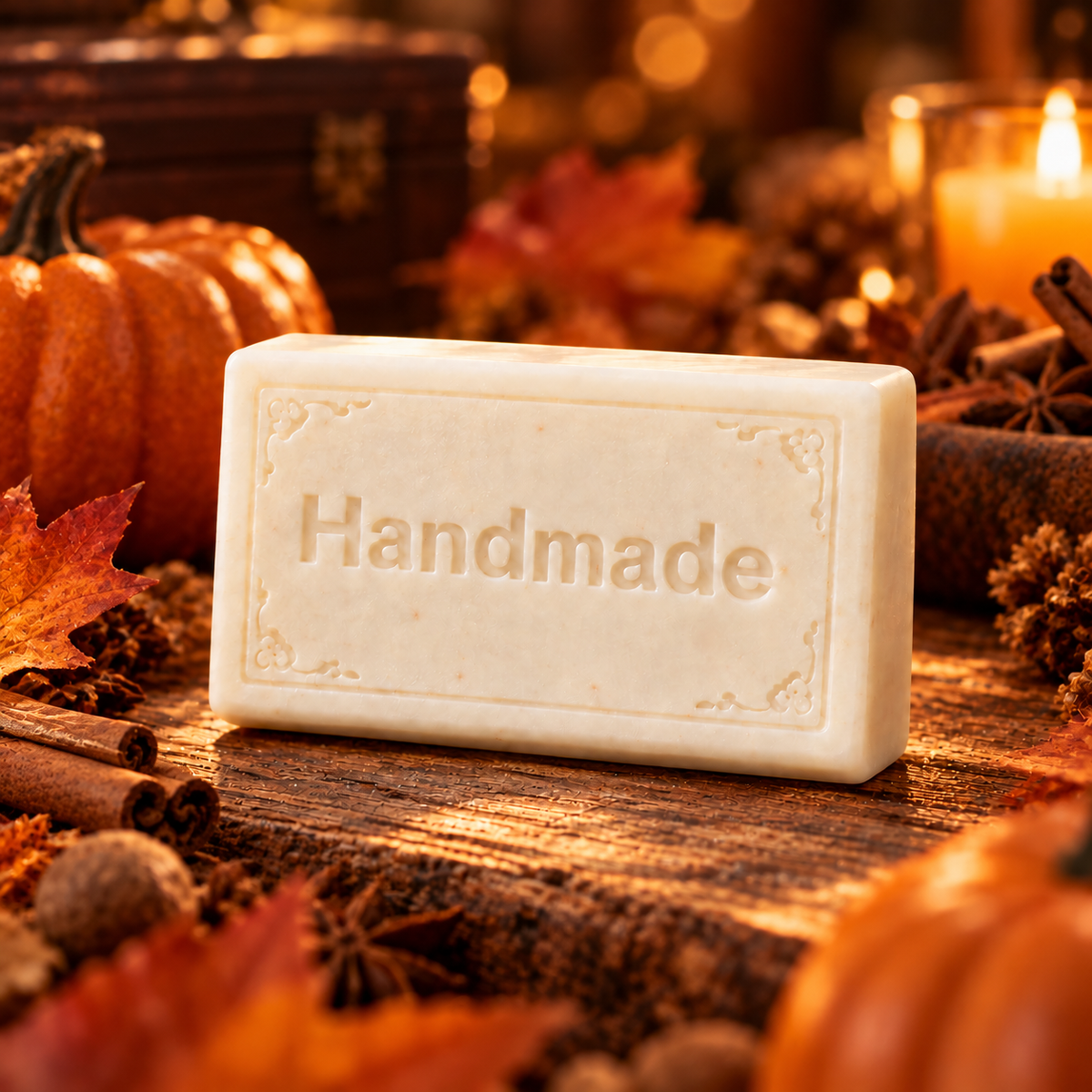 Mahogany Pumpkin 4 oz handmade shea butter soap with scent-inspired background
