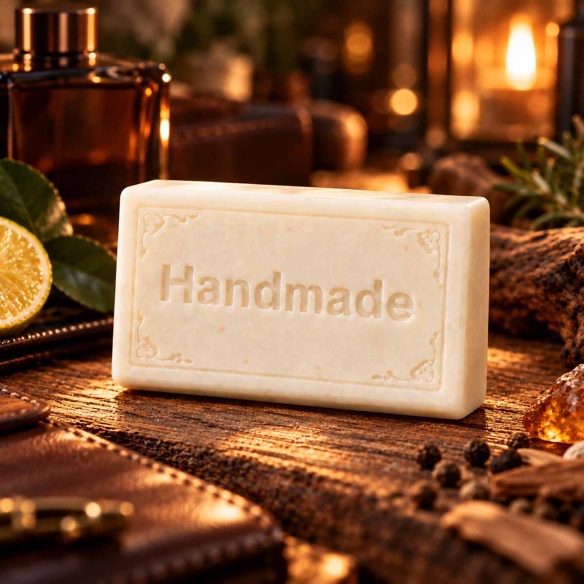 MAN 4 oz handmade shea butter soap with scent-inspired background