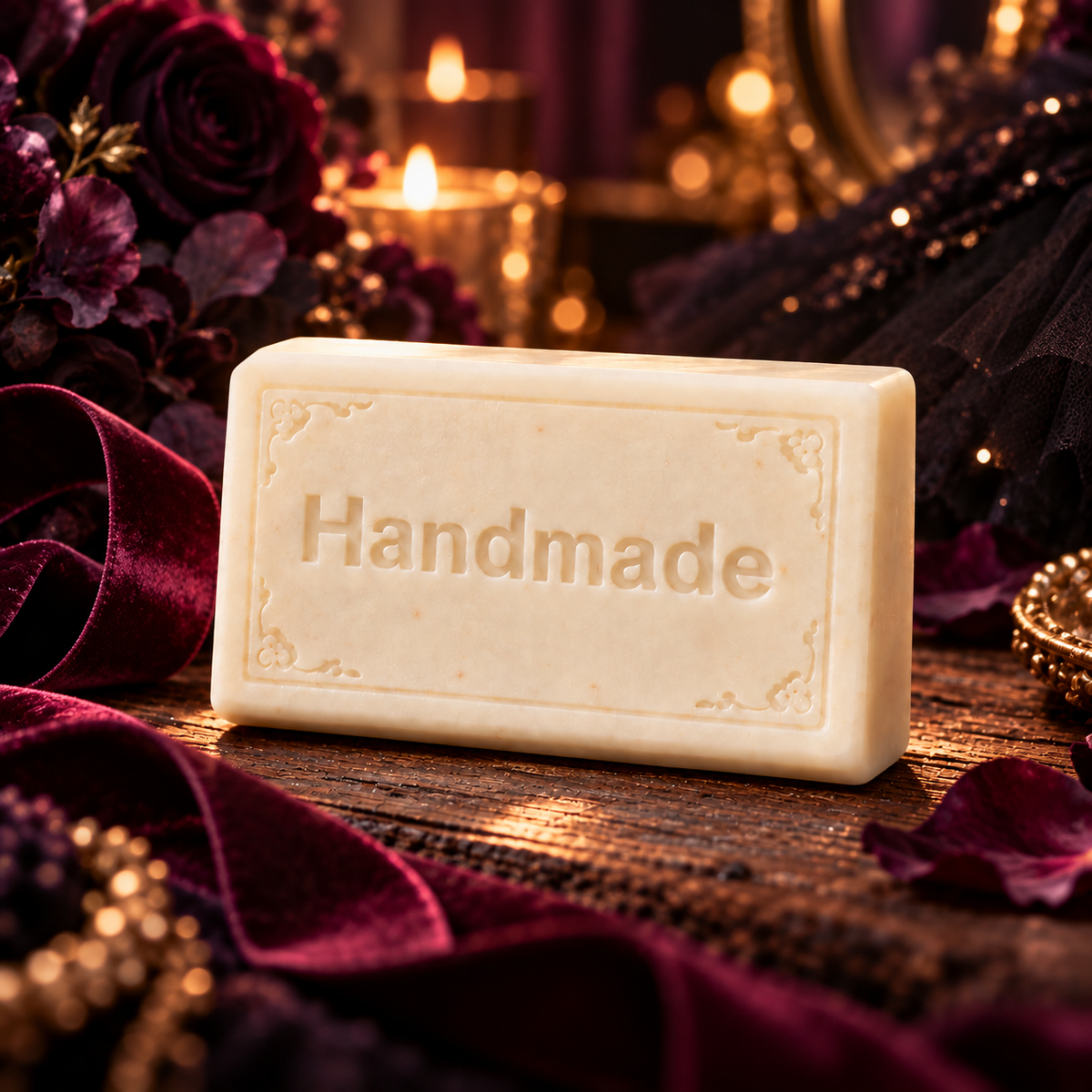 Midnight Ballerina 4 oz handmade shea butter soap with scent-inspired background