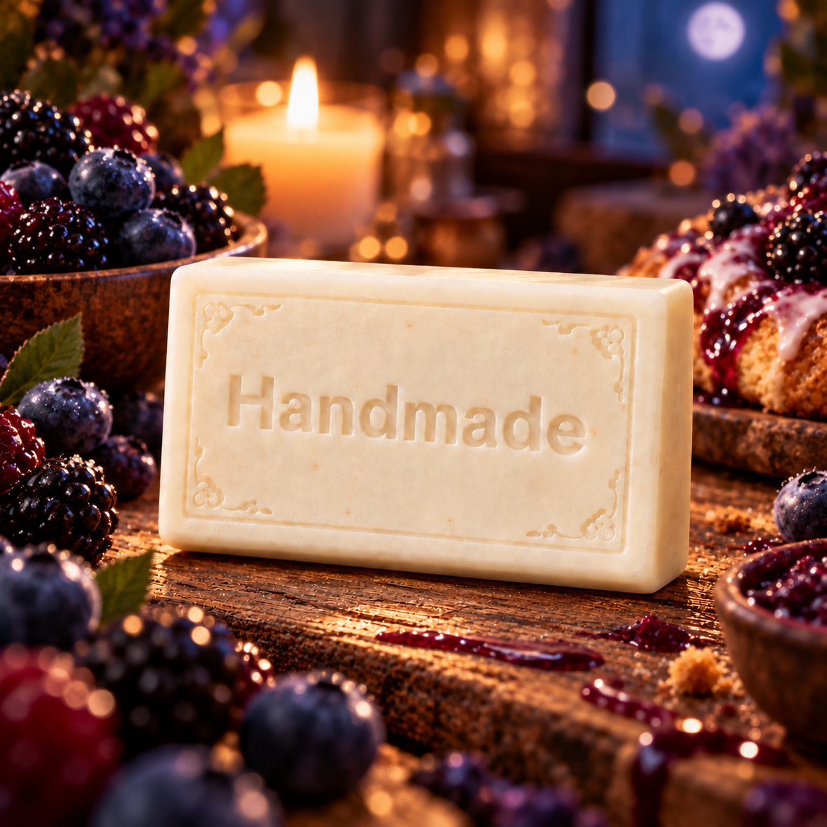 Howl + Ember Moonberry Glaze 4 oz shea butter soap bar embossed Handmade, styled with a fragrance-inspired backdrop