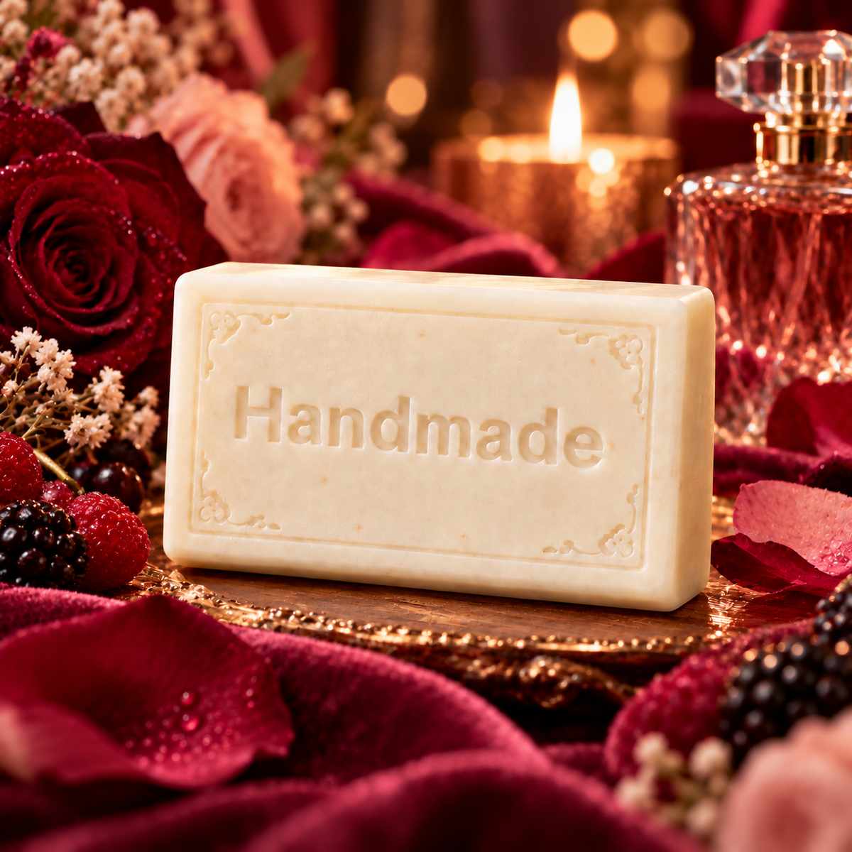 Howl + Ember Narcissist 4 oz shea butter soap bar embossed Handmade, styled with a fragrance-inspired backdrop