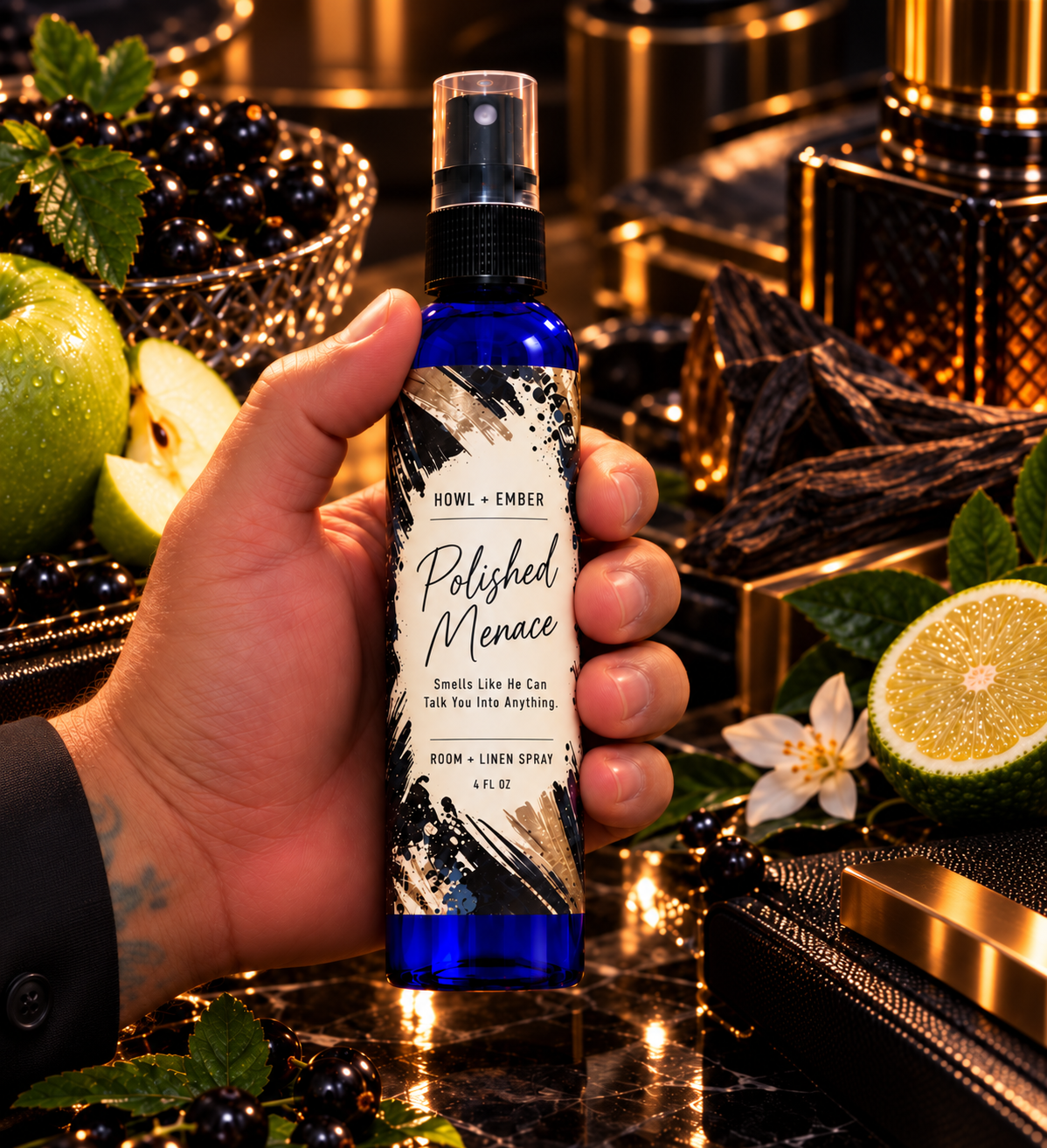 Polished Menace — Howl + Ember 4 oz room and linen spray with tattooed hand and black dress shirt cuff