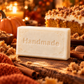 Pumpkin Crunch Cake Howl + Ember shea butter soap with engraved Handmade lettering and a scent-inspired background