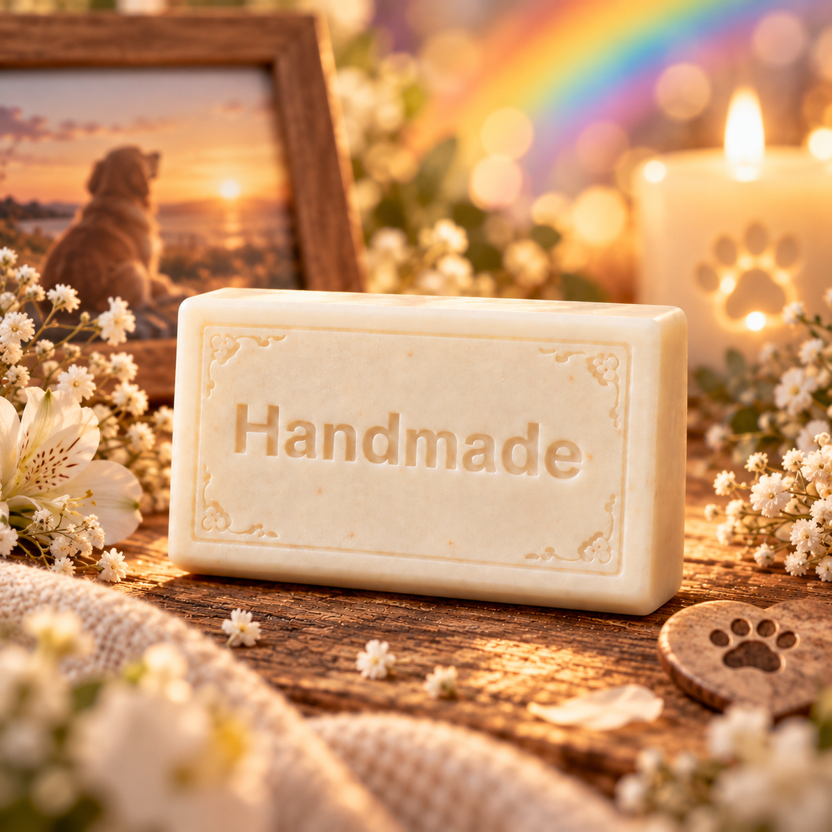 Rainbow Bridge shea butter soap with white flowers and soft rainbow light