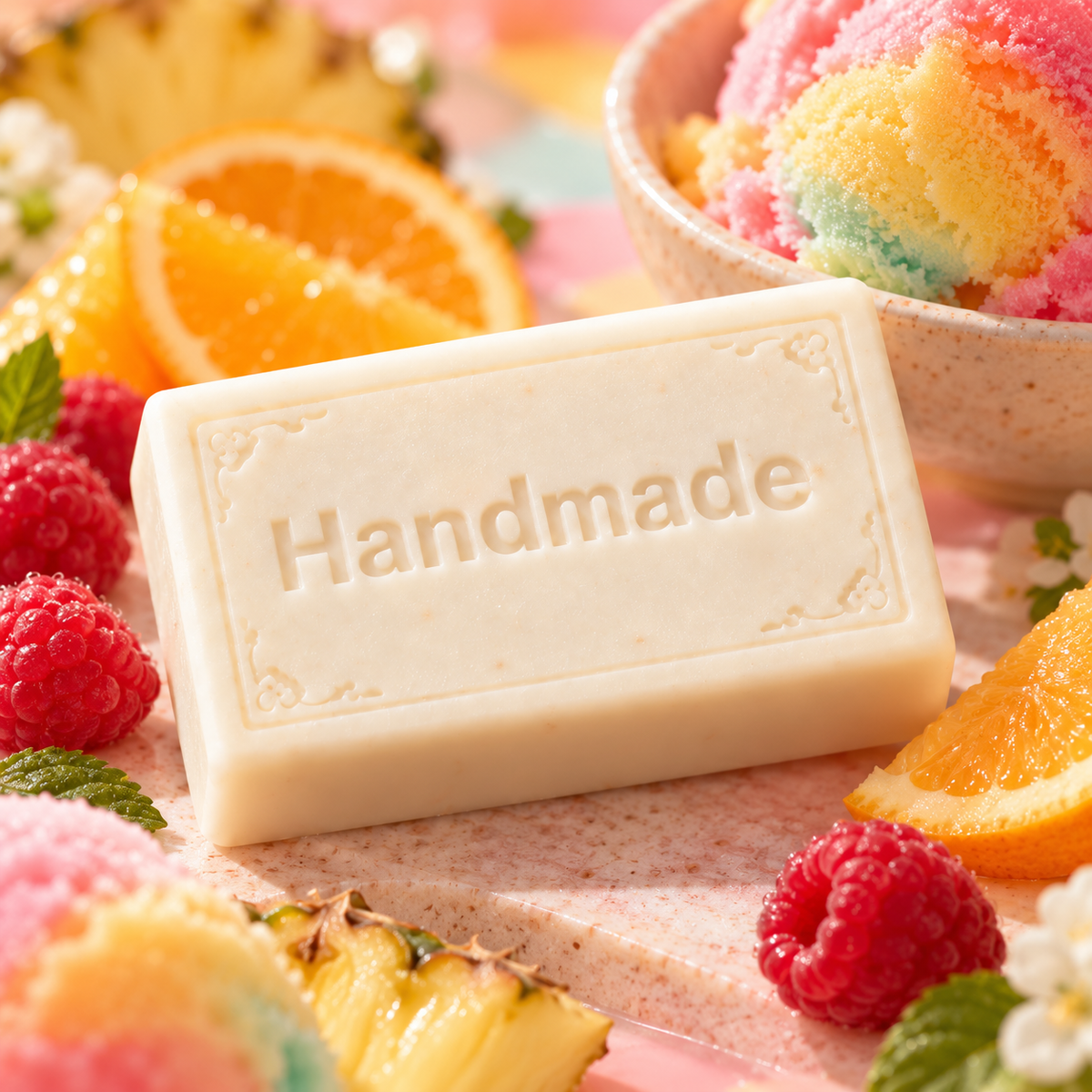 Rainbow Sherbet handmade 4 oz shea butter soap bar in fragrance-inspired setting