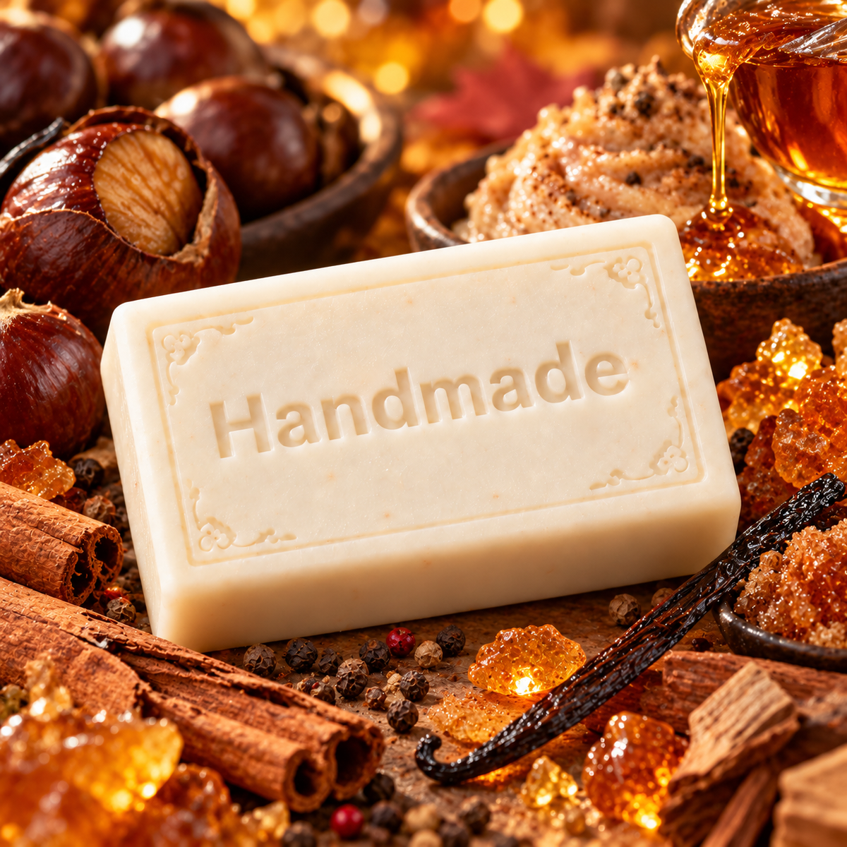 Saturn’s Spell handmade 4 oz shea butter soap bar in fragrance-inspired setting