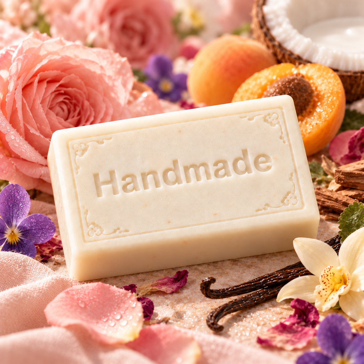 Soft Embrace handmade 4 oz shea butter soap bar in fragrance-inspired setting