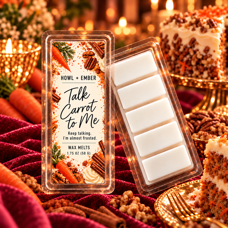 Howl + Ember Talk Carrot to Me wax melts in a clear 1.75 oz five-section snap-bar clamshell with matching fragrance label and five plain white wax sections.