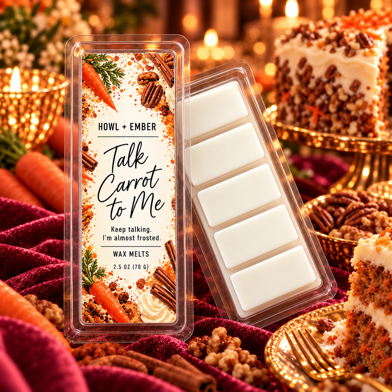 Talk Carrot to Me wax melts | Howl + Ember white five cavity snap bar with matching spray inspired label