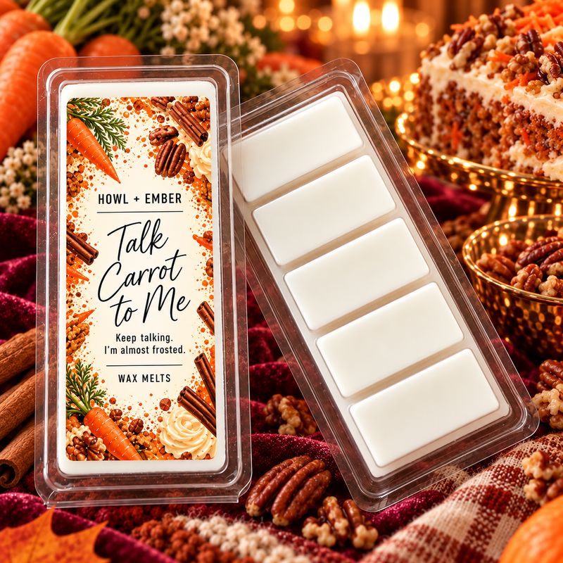 Talk Carrot to Me wax melts, newly redesigned matching room spray artwork and white 5-section snap bar
