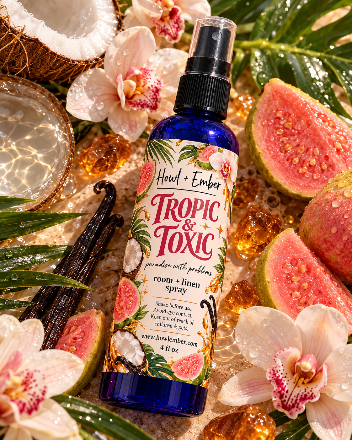 Howl + Ember Tropic & Toxic, 4 oz room and linen spray in cobalt-blue bottle with guava, coconut water, orchids and tropical foliage