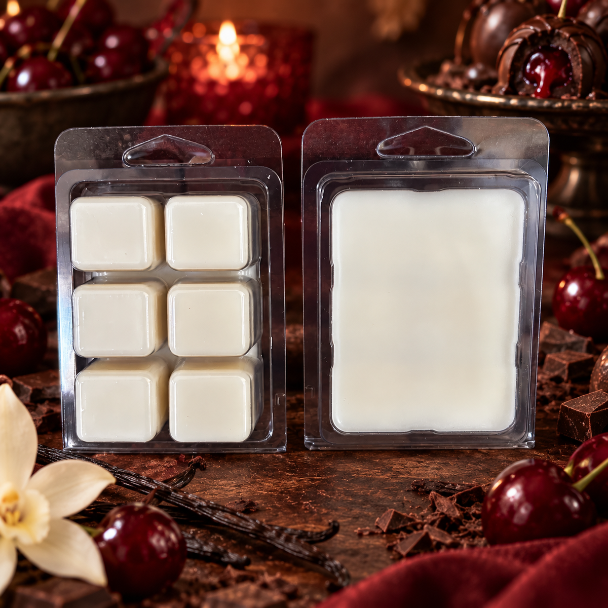Kiss + Tell 2.5 oz wax melt with chocolate covered cherry and vanilla styling