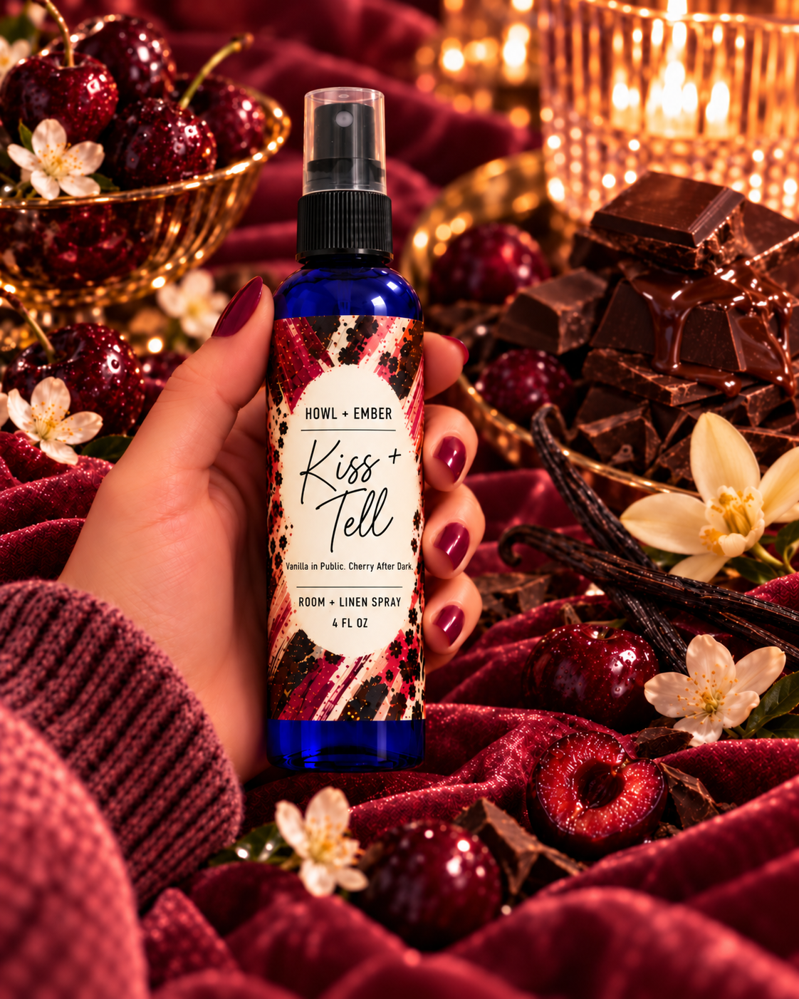 Kiss + Tell room and linen spray by Howl + Ember with cherries, chocolate, vanilla and the tagline Vanilla in Public. Cherry After Dark.