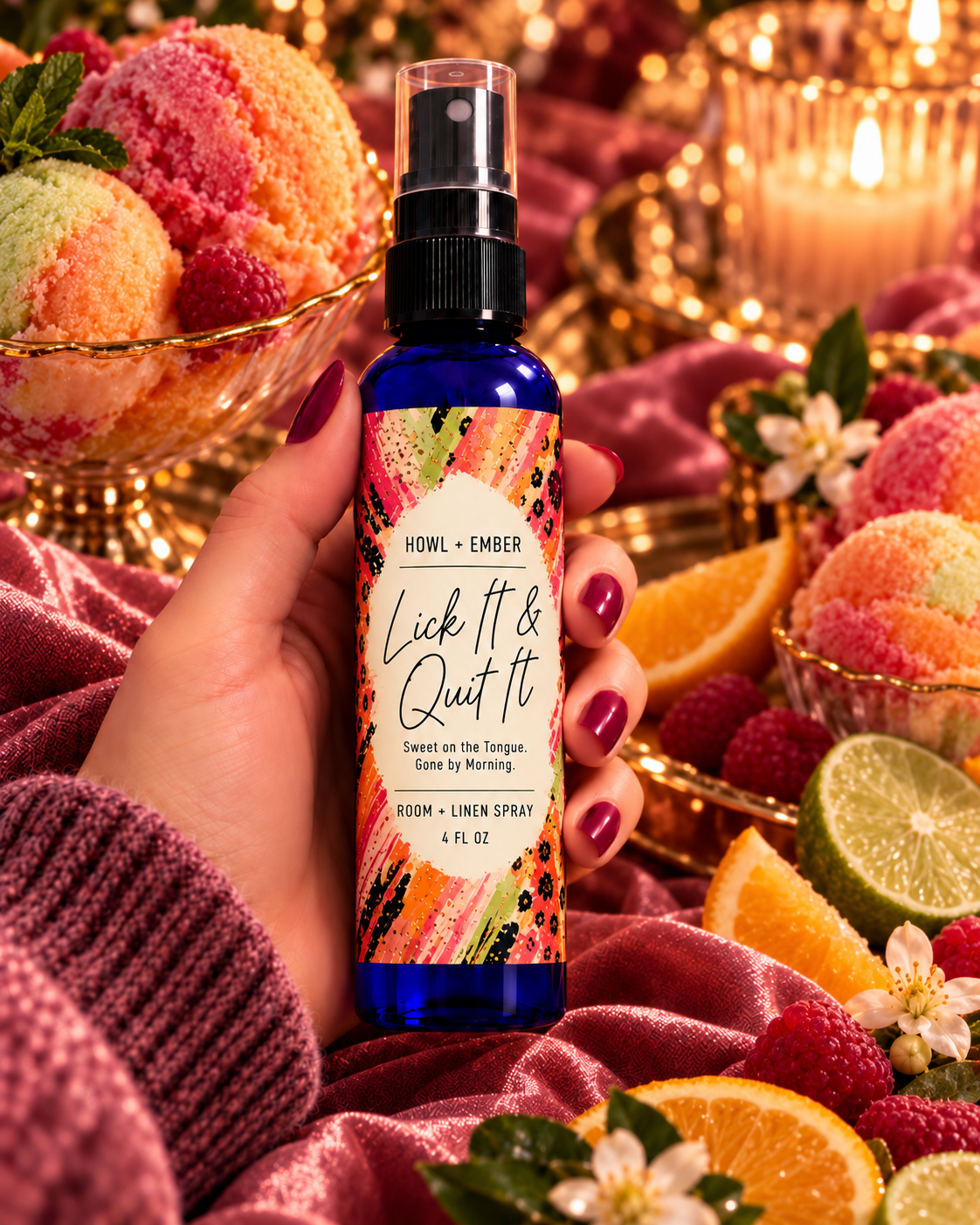 Lick It & Quit It room and linen spray, Sweet on the Tongue. Gone by Morning., rainbow sherbet, citrus and berries