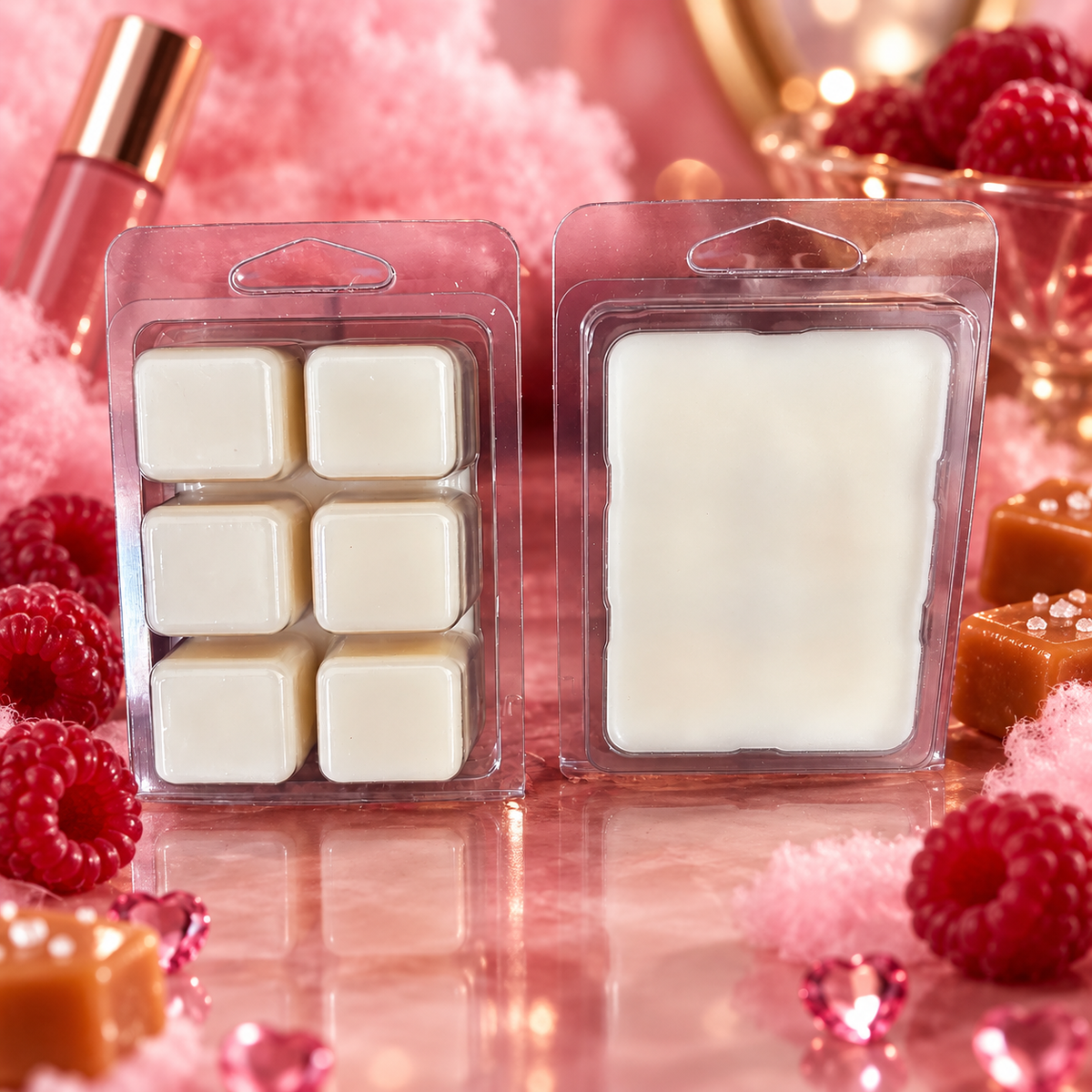 Lip Gloss + Lies 2.5 oz wax melt with cotton candy, raspberry and caramel styling