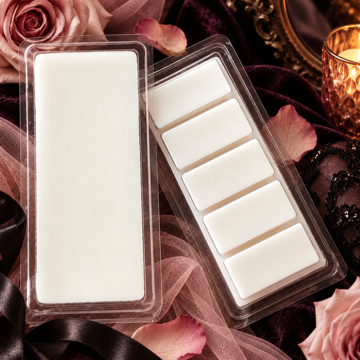 Howl + Ember Midnight Ballerina wax melts styled product photo