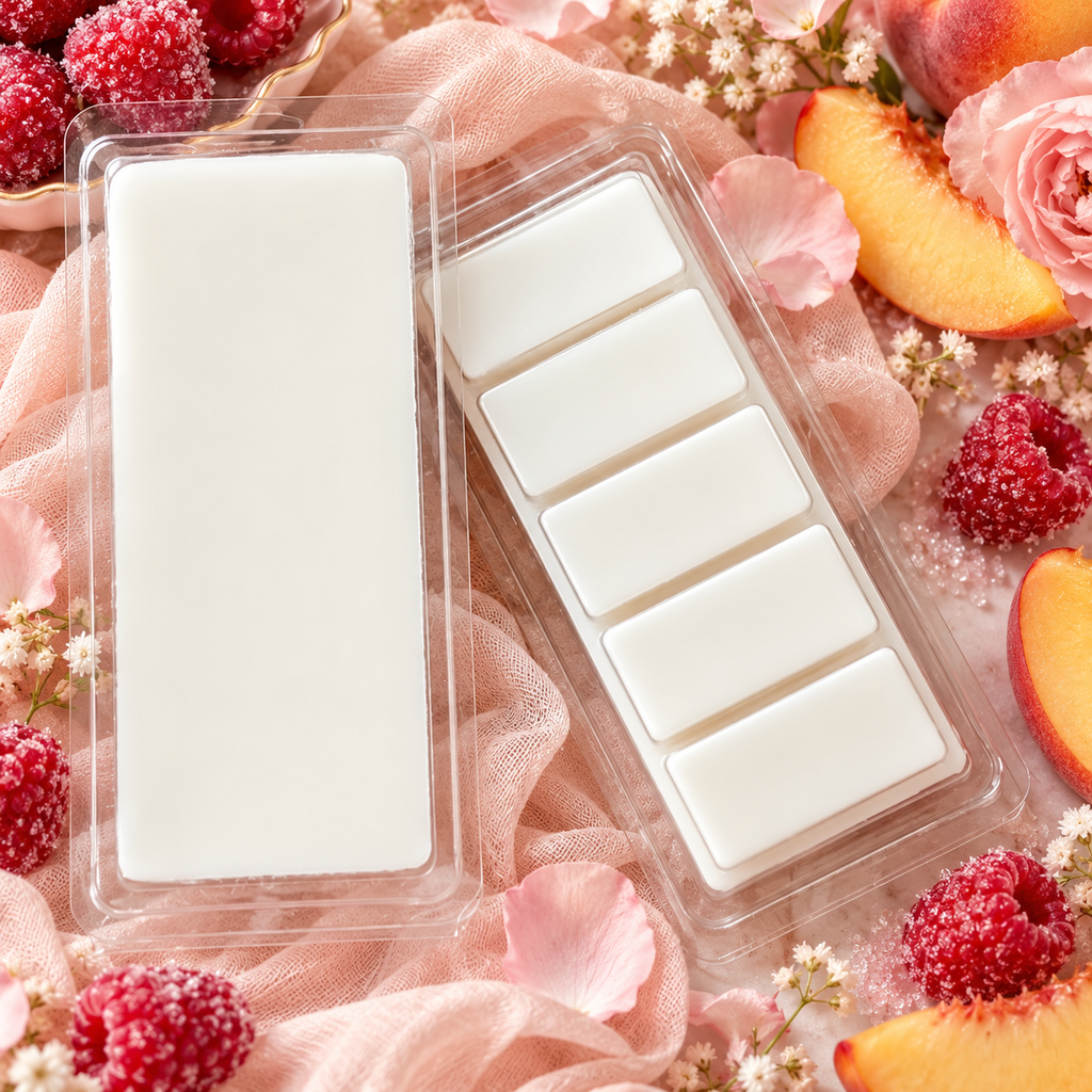 Petty in Pink wax melt with raspberry, peach, florals, and sweet musk styling