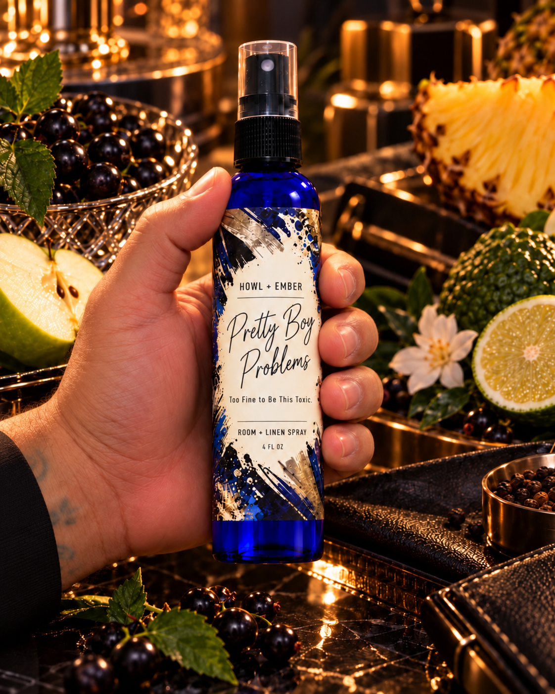 Pretty Boy Problems — Too Fine to Be This Toxic. Howl + Ember cobalt blue 4 oz room spray with black cuffed men's dress shirt