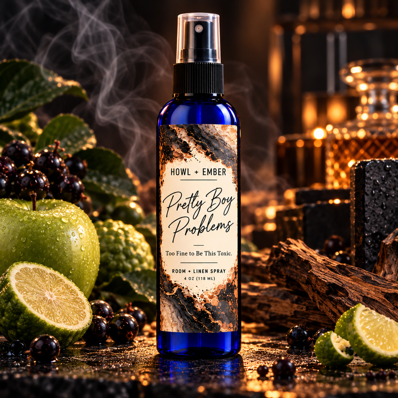 Pretty Boy Problems room and linen spray by Howl + Ember, bottle-only photo with apple blackcurrant and bergamot