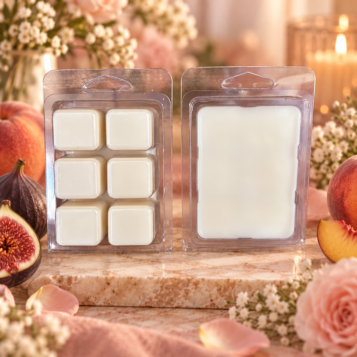 Pretty Lil Thang 2.5 oz wax melt with fig, peach and soft floral styling