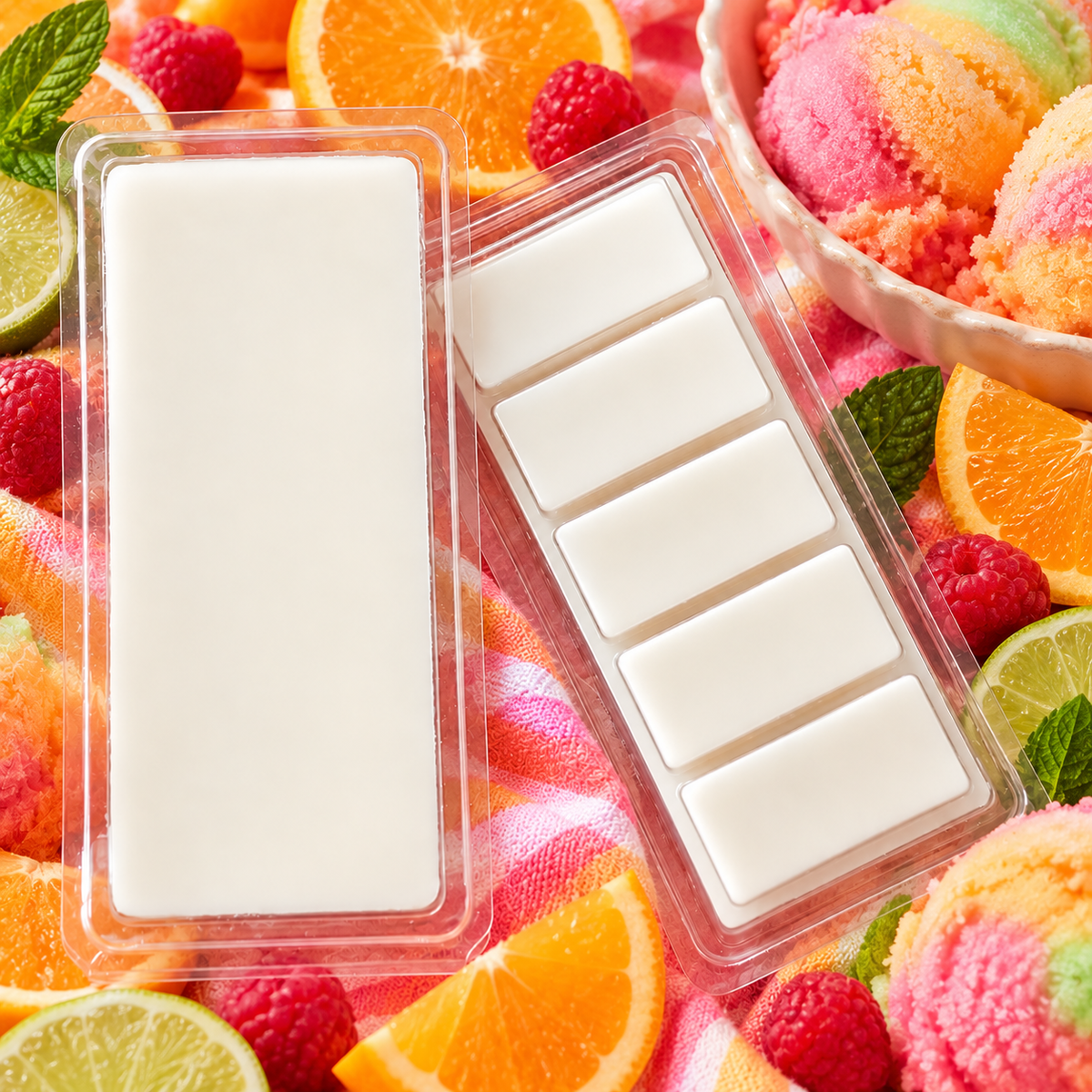 Howl + Ember Rainbow Sherbet wax melts styled product photo