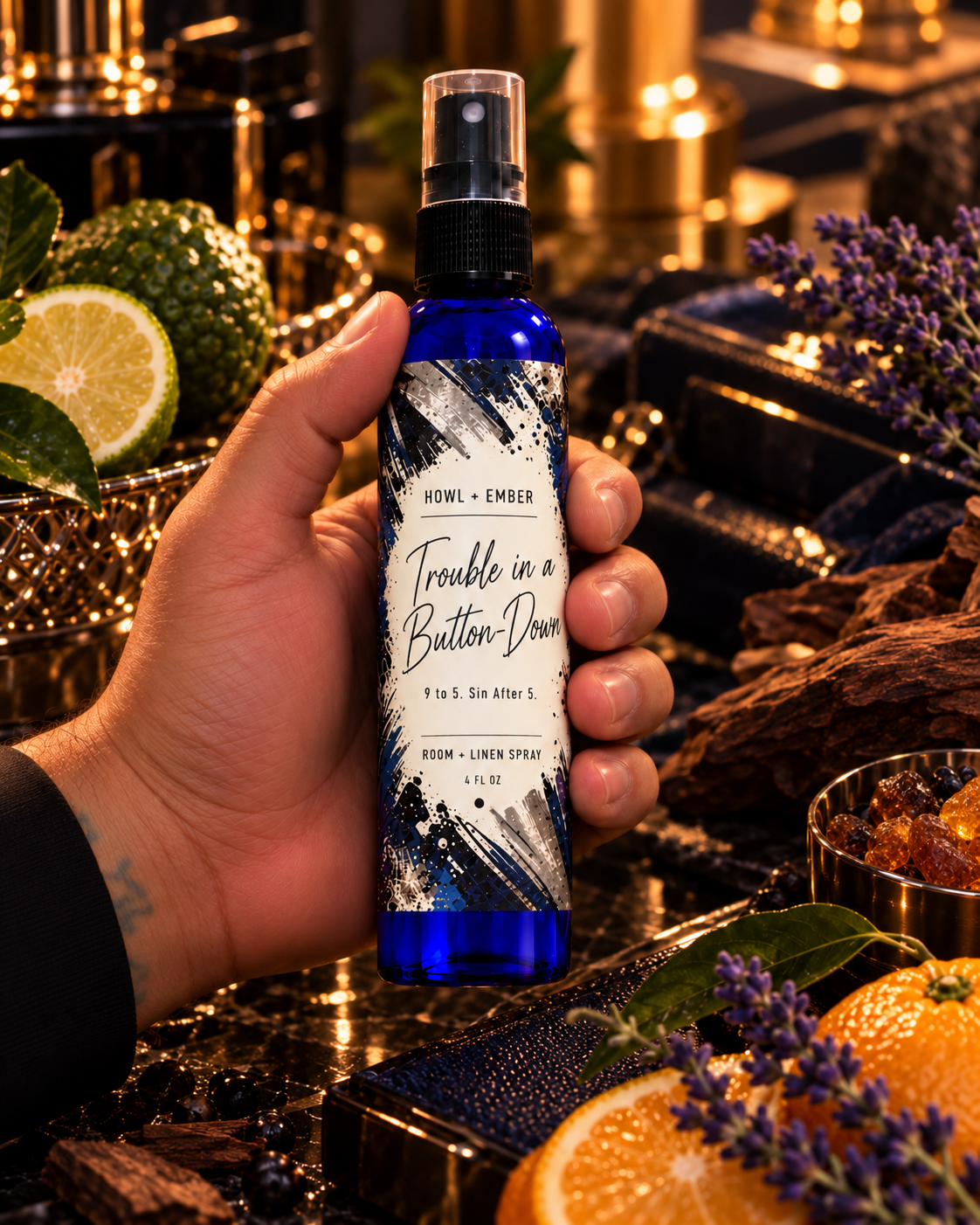 Trouble in a Button-Down — 9 to 5. Sin After 5. Howl + Ember 4 oz cobalt blue room and linen spray