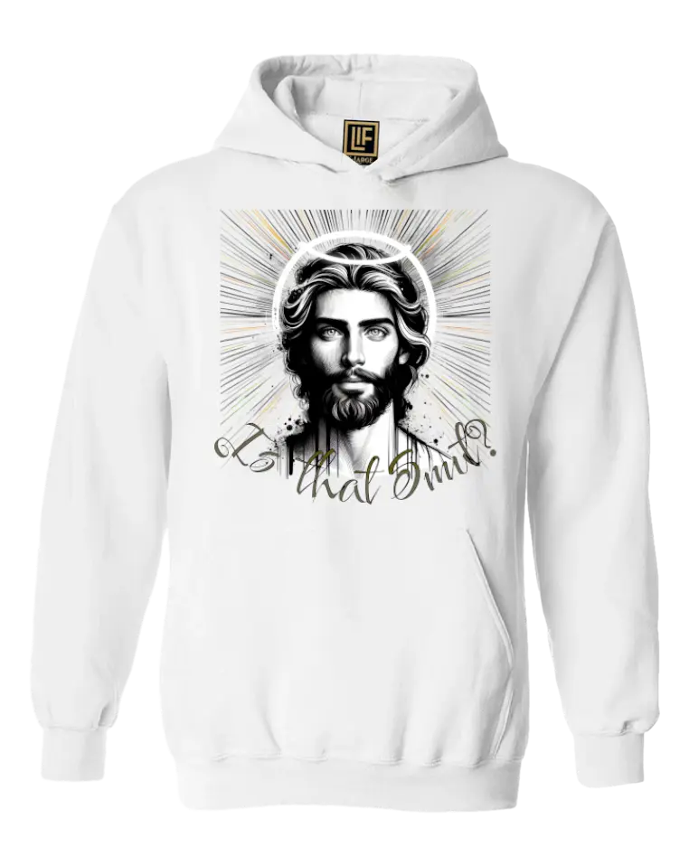 White I Saw That Smut graphic hoodie with an illustrated portrait and radiating lines