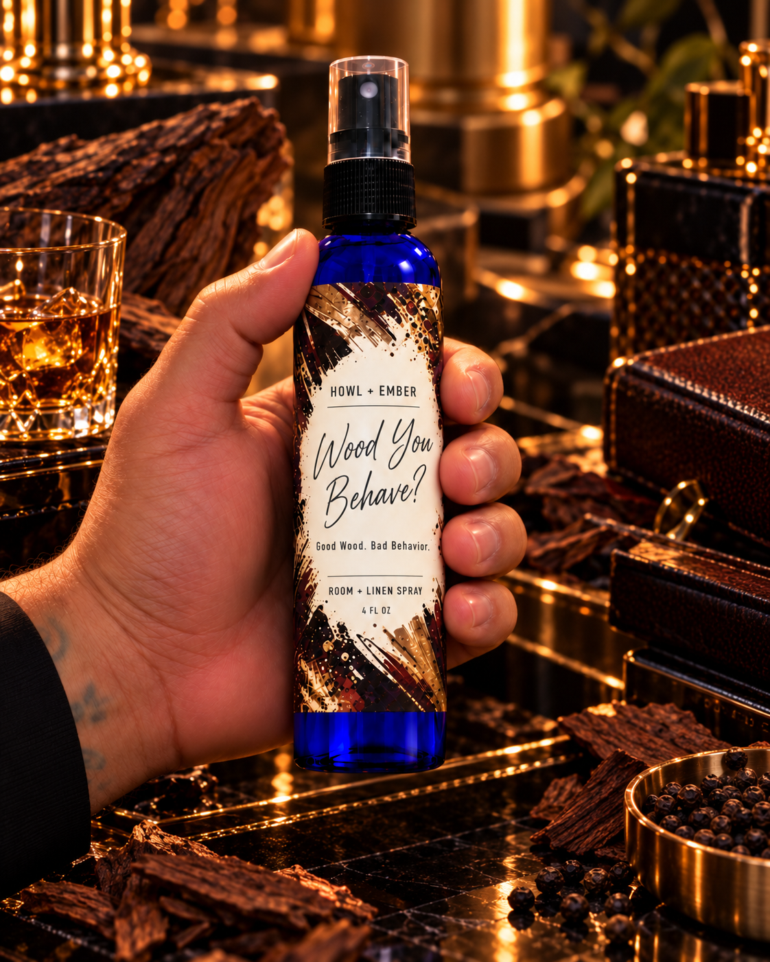 Wood You Behave? Mahogany Teakwood-inspired 4 oz room and linen spray by Howl + Ember